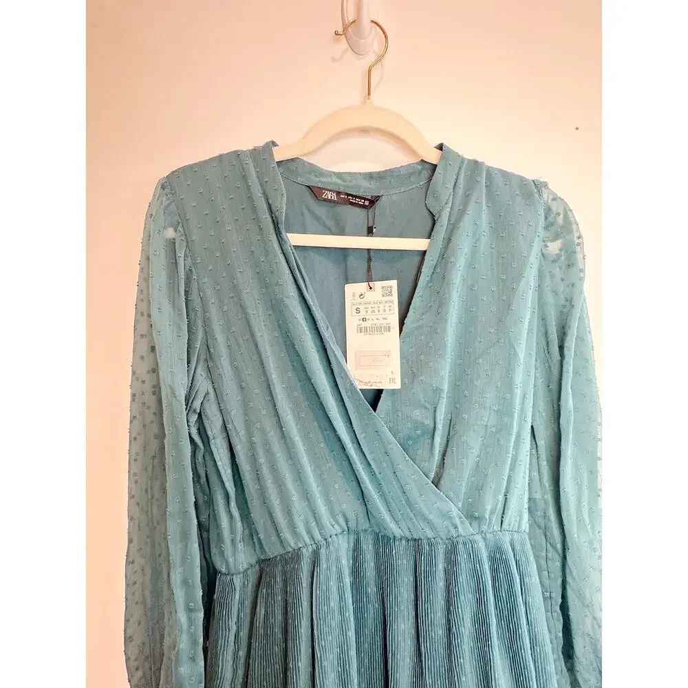 NWT Zara Swiss Dot Teal Dress Size S - Picture 6 of 10